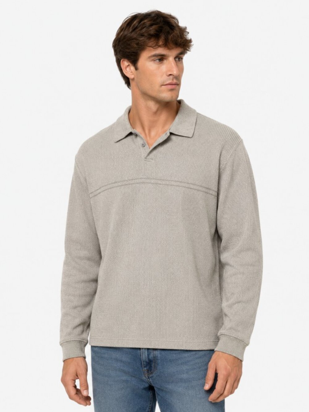 Van Heusen Mens Medium Gray Waffle Knit Polo Sweater Long Sleeve Pullover Casual